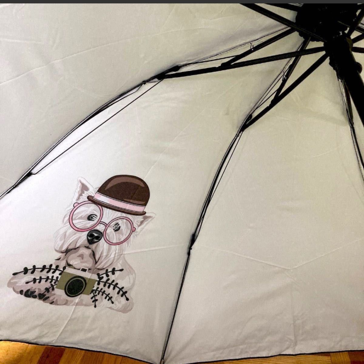【新品】晴雨兼用　折り畳み傘　コンパクト　傘　梅雨  博士犬 柄  ヨーキー風 晴雨兼用 折りたたみ傘