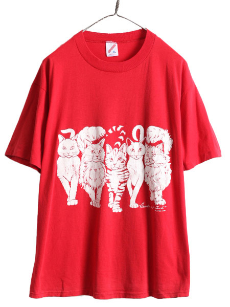 80s USA製 ■ LINDA LORI ネコ イラスト 両面 プリント Tシャツ メンズ レディース XL / 80年代 ビンテージ 犬 アート シングルステッチ 赤