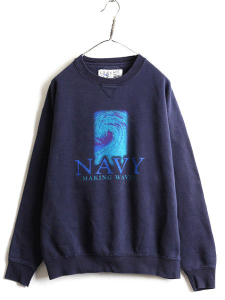 90s オールド NAVY イラスト アート プリント スウェット トレーナー メンズ L 古着 90年代 グラフィック 裏起毛 前V ネイビー スエット 紺_画像1