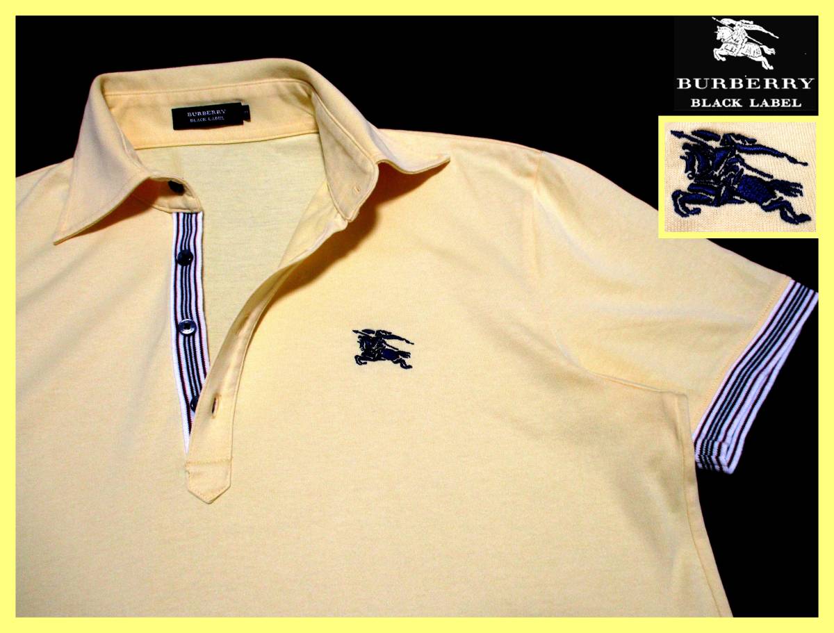 大人気サイズ L(3) 美品 バーバリーブラックレーベル 特大ネイビーホース刺繍 前立て・袖口バーバリーストライプ柄 ポロシャツ
