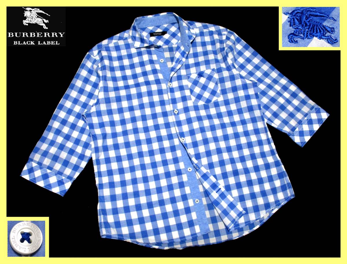 大人気サイズ L(3) 美品 バーバリーブラックレーベル ブルーホース刺繍 ブロックチェック総柄 生地切替 7分袖 カジュアル シャツ