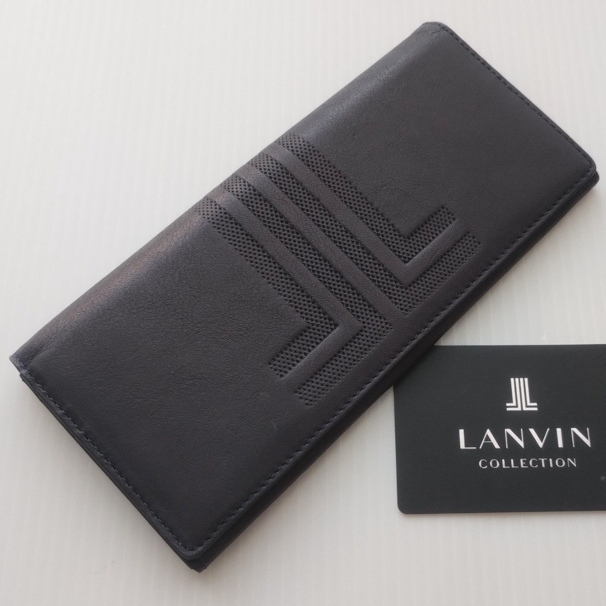 訳あり未使用　LANVIN ランバン ディアメッシュ 本革かぶせ型長財布　濃紺色