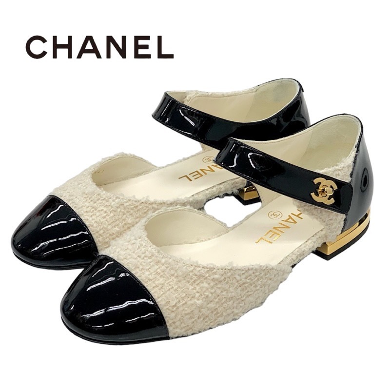 シャネル CHANEL メリージェーン フラットシューズ 靴 ファブリック パテント ホワイト ブラック ツイード ターンロック ココマーク