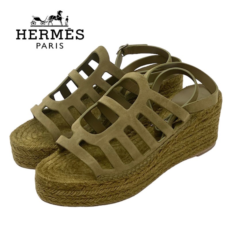 エルメス HERMES カタリア サンダル 靴 シューズ スエード カーキ シルバー 未使用 エスパドリーユ ウェッジソール