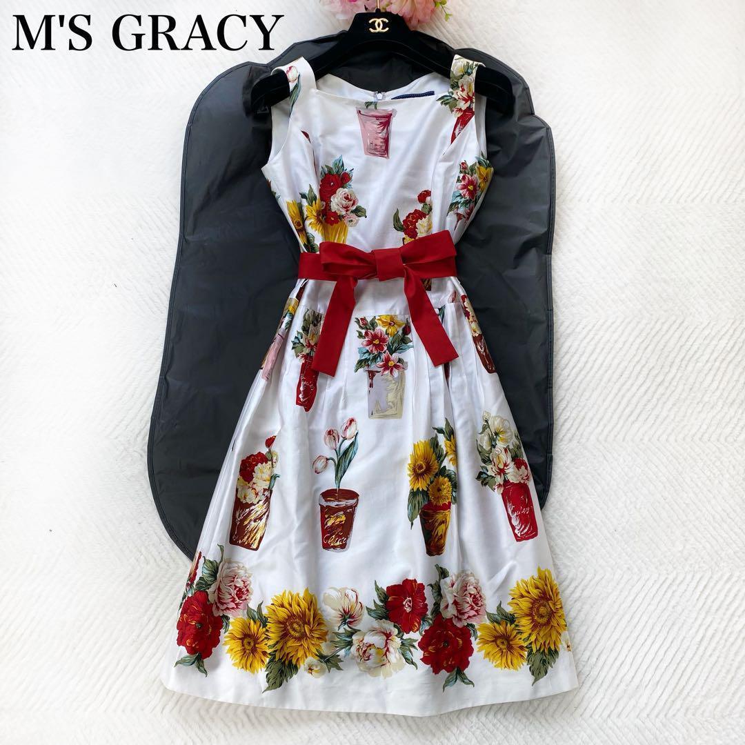 美品】M's GRACY エムズグレイシーひざ丈ワンピースウエストリボン38 M