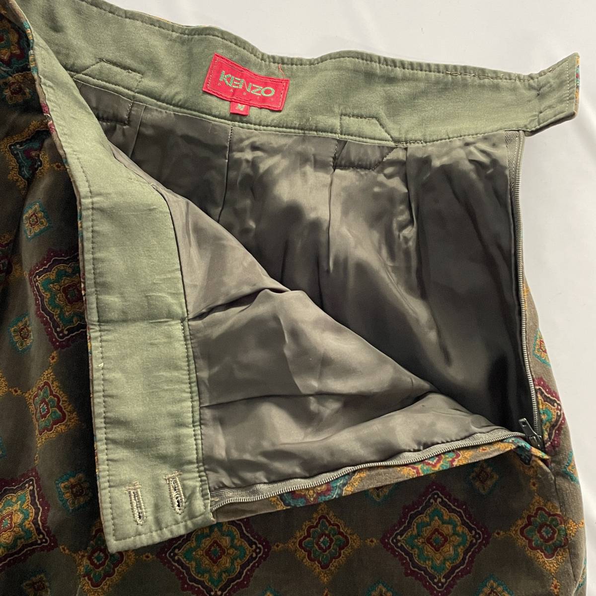 *KENZO PARIS Kenzo VINTAGE total pattern velour bell bed another . pants slacks size M olive series khaki old clothes [ uniform carriage / including in a package possibility ]B