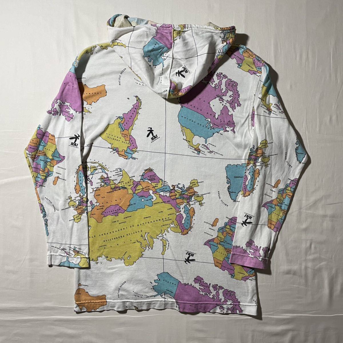 90s- HAI SPORTING GEAR L/S Tシャツフード世界地図ヴィンテージISSEY