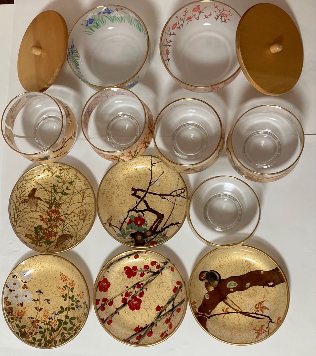 蔵出し金彩色絵小皿5枚セット 光琳絵 金彩ガラス絵皿 茶菓セット 冷茶グラス 5客2客菓子丸皿 5