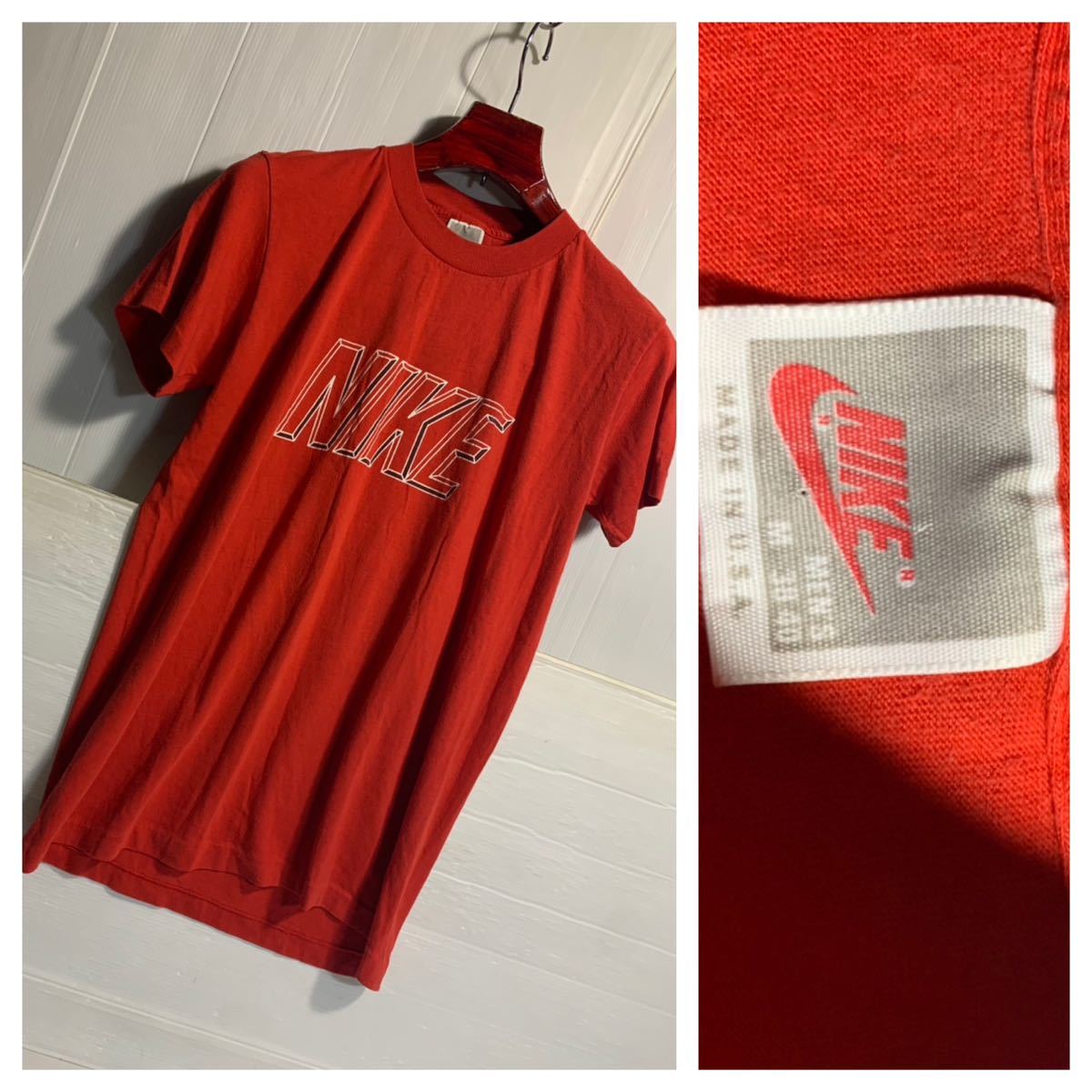 90's ヴィンテージ NIKE ナイキ　USA製　銀タグ　立体デカロゴ ポリ綿　半袖　ロゴTシャツ　赤　M 38-40 レッド　ビンテージ