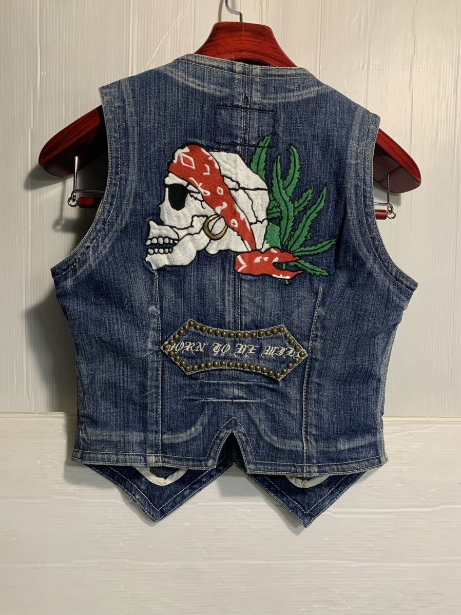 ROBIN'S JEAN ロビンズジーン　USA製　BORN TO BE WILD バンダナスカル刺繍　スタッズ加工デニム　カスタム　バイカーベスト　XS_画像4