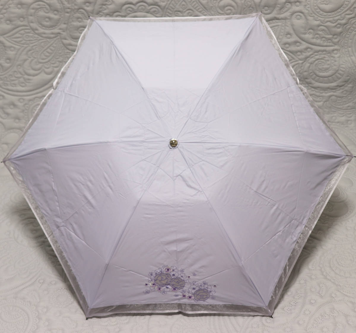 新品タグ付き【Fioretta yoko takeuchi】晴雨兼用折りたたみ傘 透け感 レース刺繍 雨傘 日傘 ラベンダー v3312_画像3