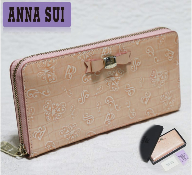 新品訳箱付き【ANNA SUI アナスイ】本革 りぼんストーン ラウンドファスナー長財布 v3587