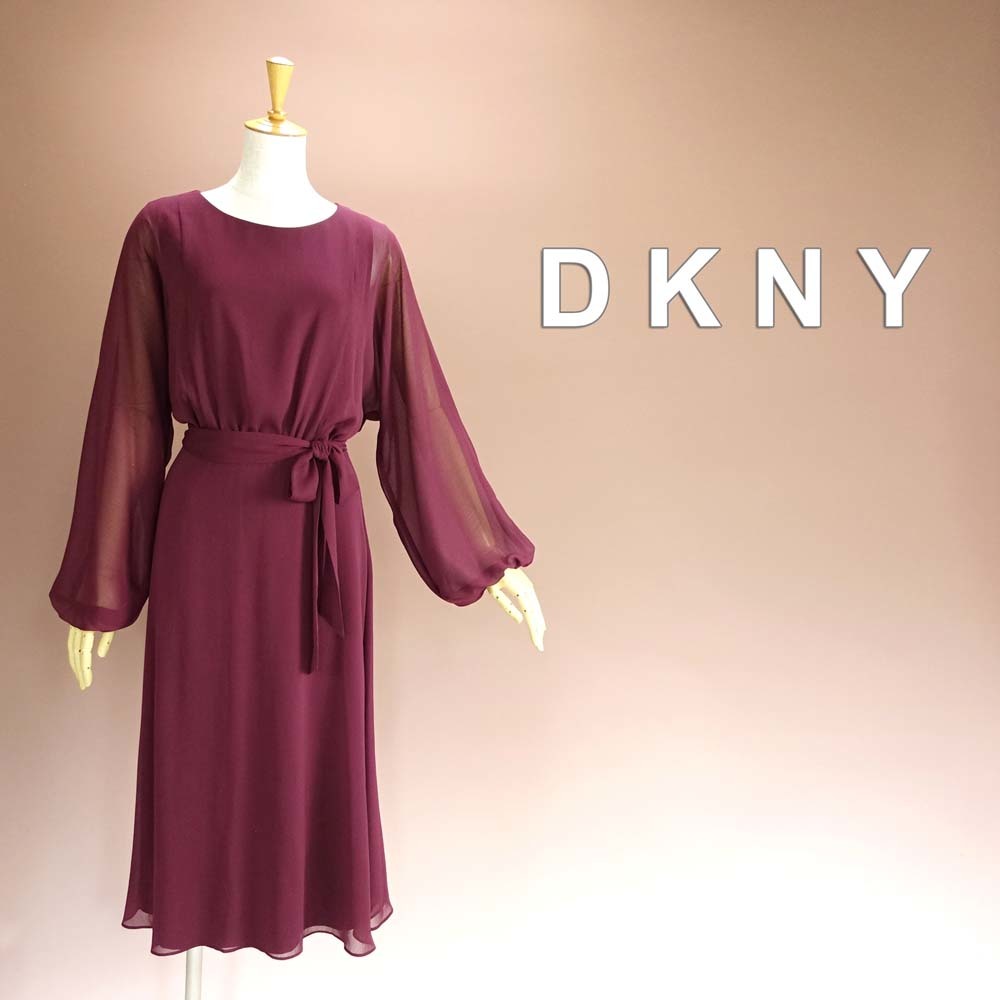 新品 DKNY 10/15号 ダナキャラン 紫 シフォン ワンピース パーティドレス 長袖 膝丈 結婚式 二次会 披露宴 フォーマル お呼ばれ 輝41N1002_画像1