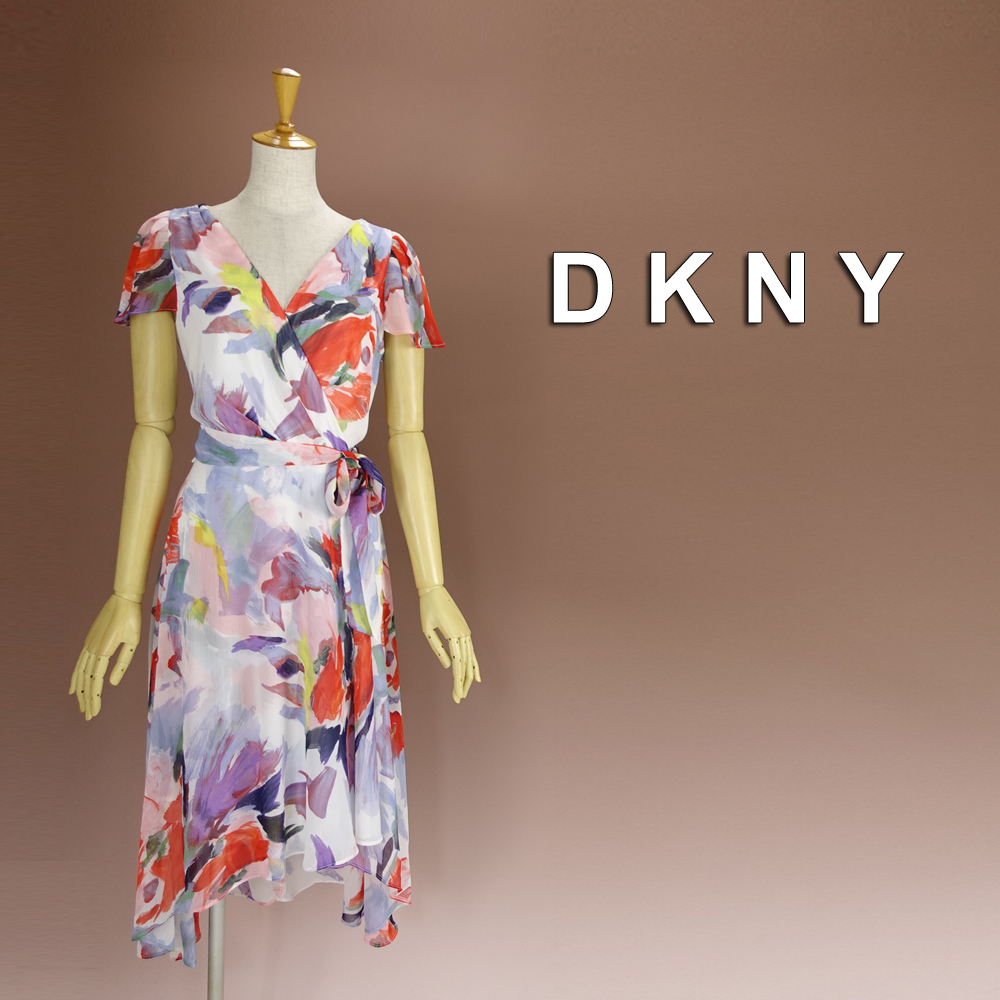 新品 DKNY 6/11号 ダナキャラン 白 赤 水色 紫 花柄 ワンピース パーティドレス 半袖 結婚式 二次会 披露宴 オフィス フォーマル 華47N1204
