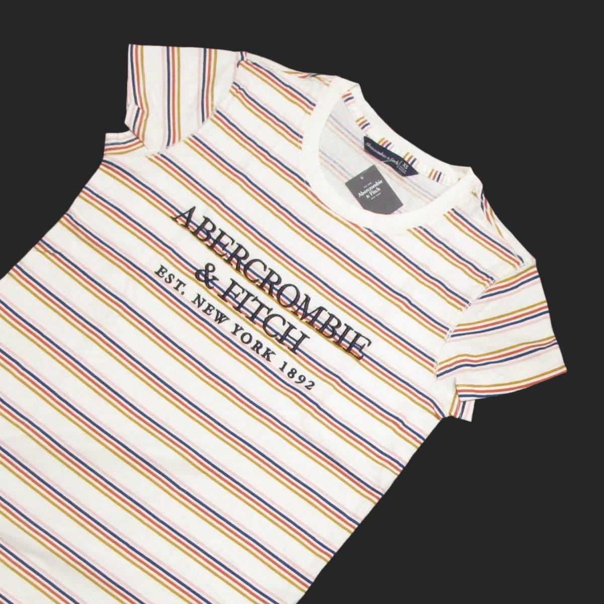 ★SALE★Abercrombie & Fitch/アバクロ★ロゴ刺繍ボーダー半袖Tシャツ (White/Multi/XS)
