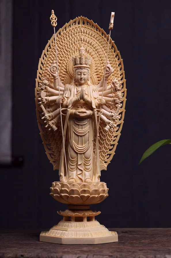 新作 総檜材 木彫仏像 仏教美術 精密細工 千手観音菩薩立像 高さ43cm _画像1