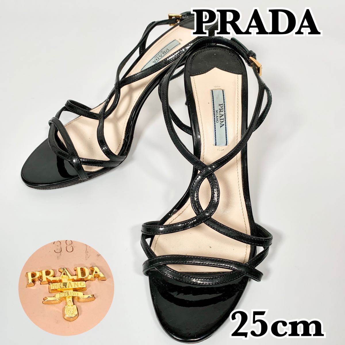 PRADA プラダ ヒールサンダル エナメル 黒 ピンヒール ストラップ