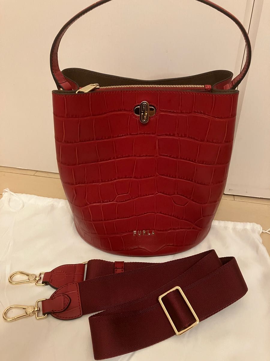 美品 FURLA フルラ ダナエ 2ウェイ クロコ 型押し レザー バッグ