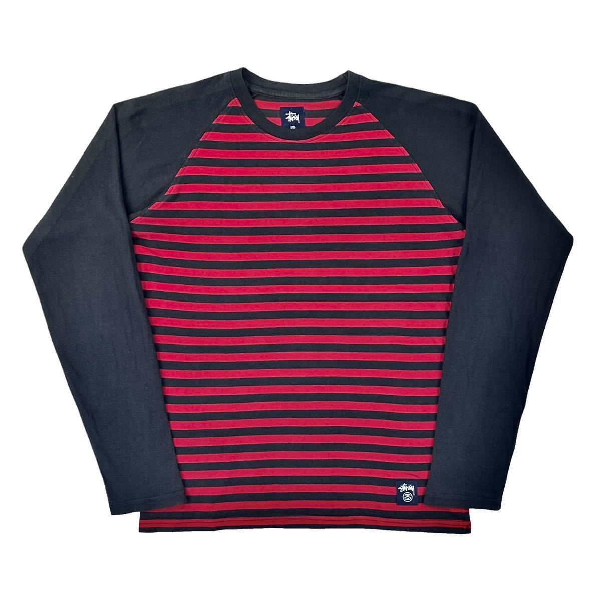 中古 STUSSY ステューシー 赤黒 レッド ブラック ボーダー ラグラン ロンT 長袖 Tシャツ アメリカ ストリート サーフ スケーター ブランド