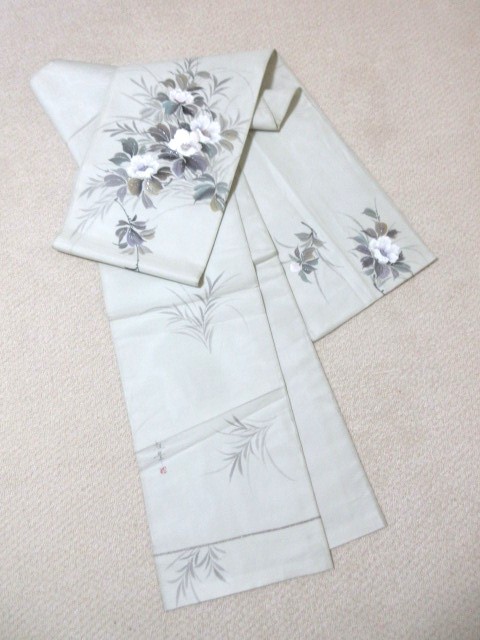 値下げ～夏袋帯・刺しゅう白い花・ミントグリーン　C-8_画像7
