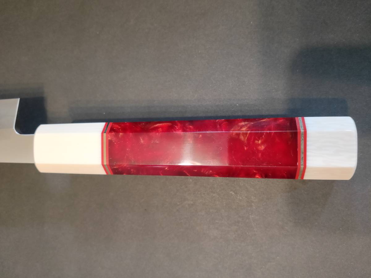 鞘付】ステン本焼V金10号先丸柳刃包丁270mm モダンレッドレジン八角柄