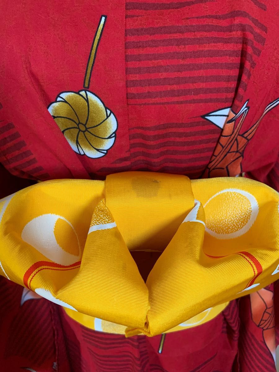 昭和レトロ　折り鶴と風車の柄の振り袖浴衣　110 つくり帯とうさぎの巾着もセットで　夏祭り秋祭り花火大会縁日