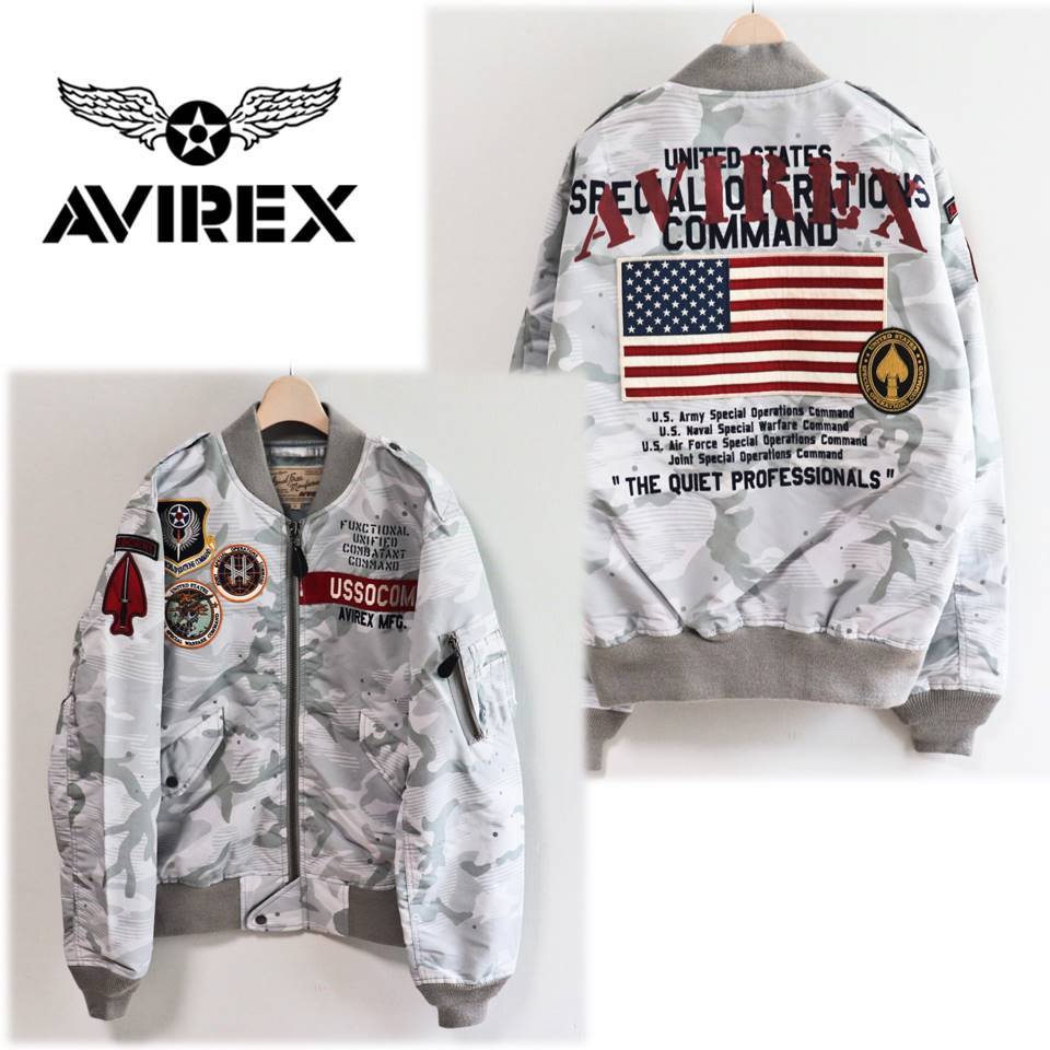 《AVIREX アヴィレックス》新品 希少赤ロゴ入り 豪華ワッペン L-2 USSOCOM カモフラ MA-1 フライトジャケット ブルゾン L A8566_画像1