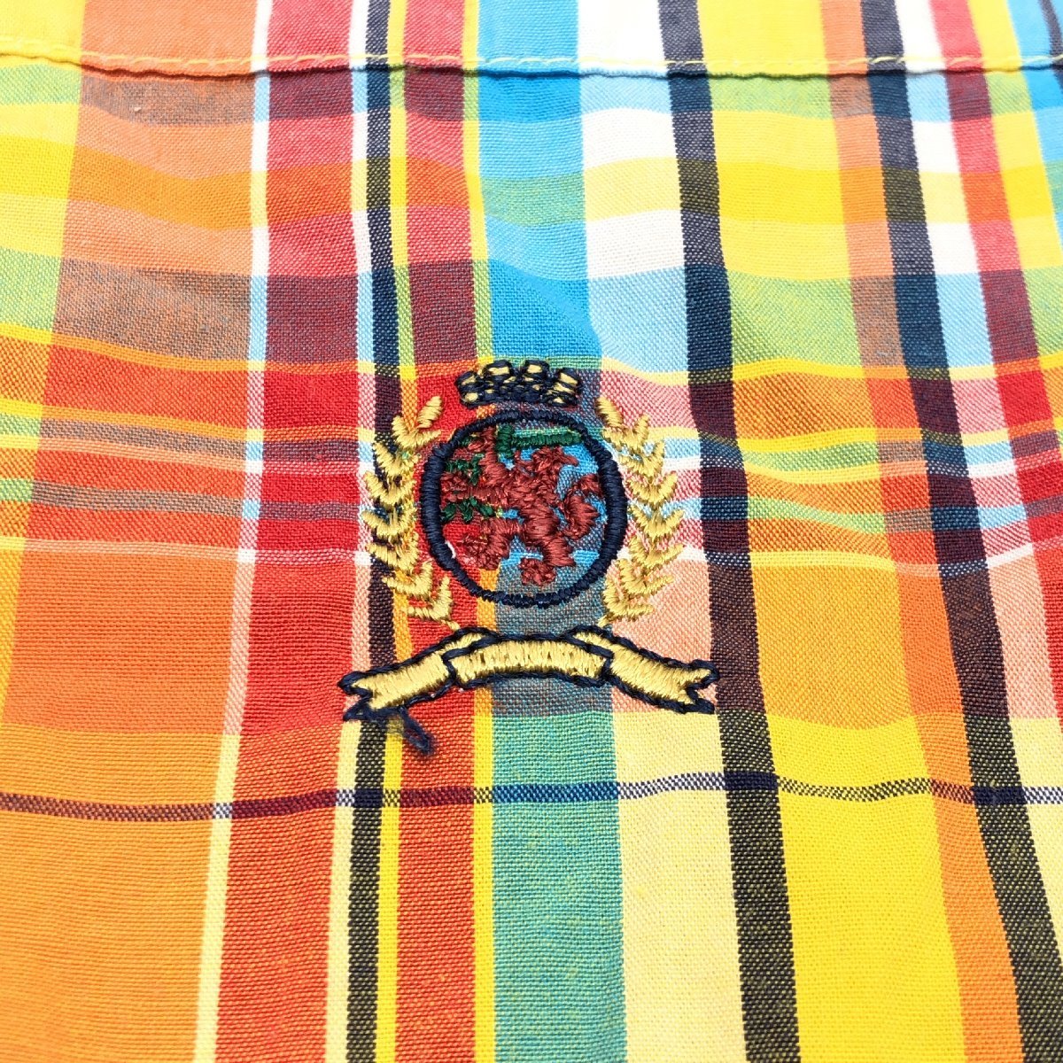90's TOMMY HILFIGER トミーヒルフィガー ロゴ刺繍 マドラスチェック シャツ M(JP:L相当) 暖色 ウォームカラー 半袖 古着 ヴィンテージの画像5