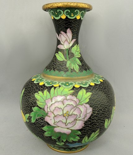 中国 七宝 花瓶 15.5cm 真鍮製 花蝶図 花器 花瓶 インテリア 中古 アンティーク レトロ