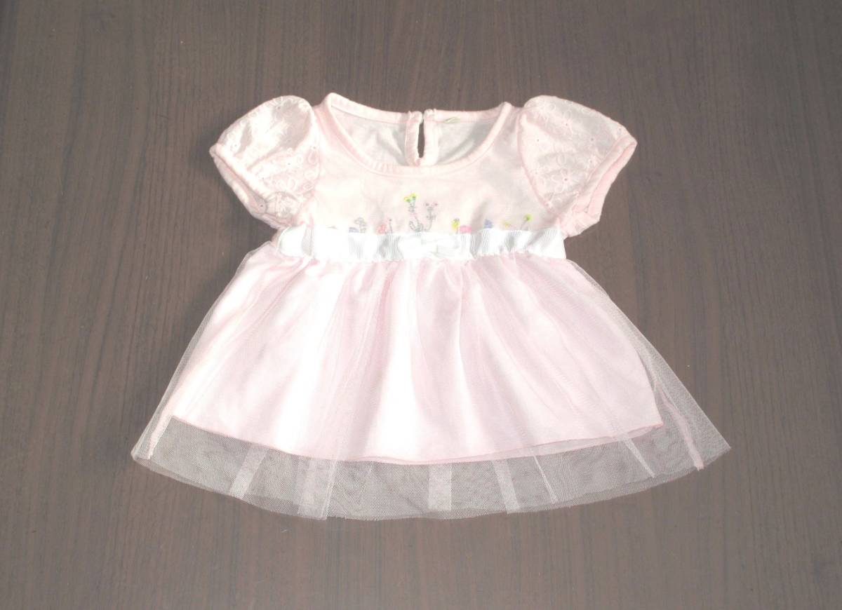 美品☆ ベビードレス ワンピースドレス チュール リボン かわいい ピンク 80　_美品☆淡いピンクのベビードレス 80cm