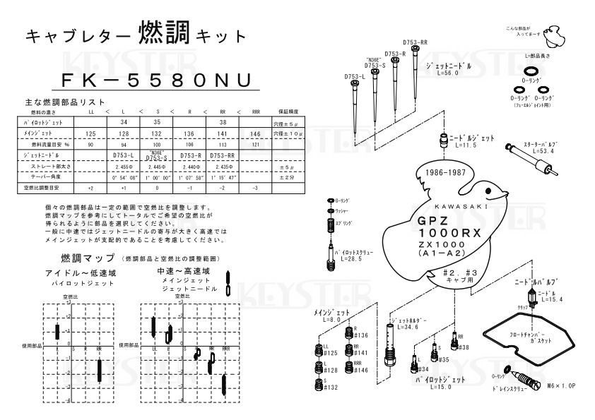 ■ FK-5580NU/S　GPZ1000RX　ZX1000　A1-A2　キャブレター リペアキット　キースター　燃調キット　３_画像4