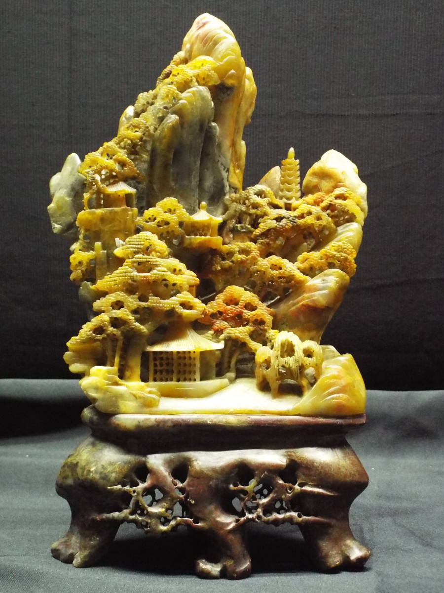 中国美術 置物 蝋石 寿山石 ろう石 山水 霊山 細密彫刻 床飾り 高さ