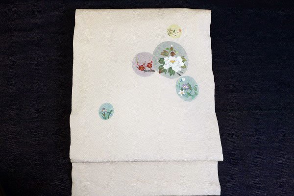 出産祝いなども豊富 【送料無料】未使用 名古屋帯 縮緬 梅 牡丹 桔梗