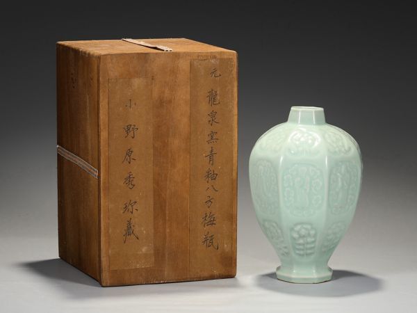 元 龍泉窯 陶磁器 青釉 八方梅瓶」染付 置物 擺件 古賞物 中国古美術