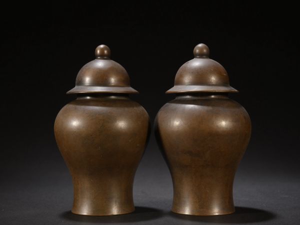 「明代 宣 古銅彫 素面将軍罐一対」旧銅器 置物擺件 賞物 中国古美術 旧蔵出