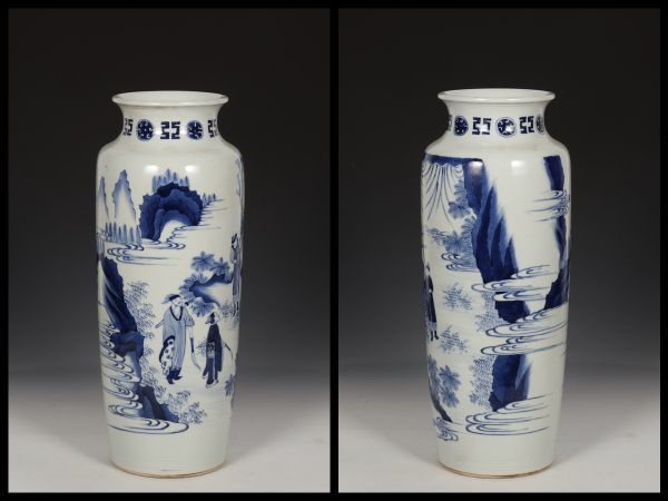 「明 崇禎年製 陶磁器 青花人物故事紋 筒瓶」染付 置物 擺件 古賞物 中国古美術 旧蔵出