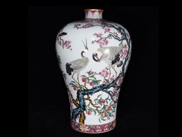 清 雍正年製 陶磁器 粉彩花鳥鶴紋 梅瓶」染付 置物 擺件 古賞物 中国古