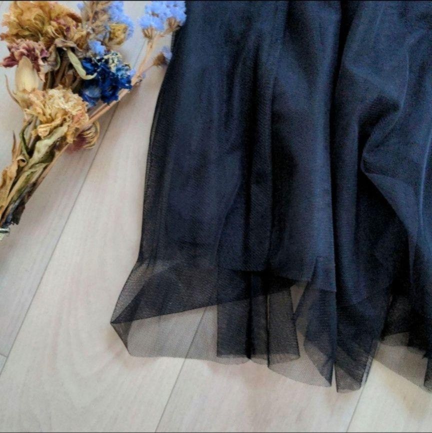 RETRO GIRL レトロガール ミドル丈チュール フレアスカート ブラック黒 きれいめ  ギャザースカート