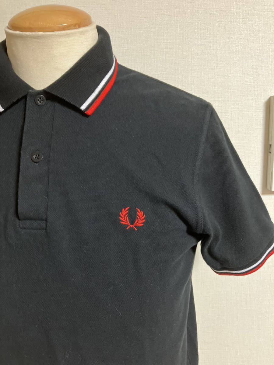 美品 英国製 FRED PERRY フレッドペリー ライン入 ポロシャツ 36 黒赤 イングランド メンズ xpv_画像3