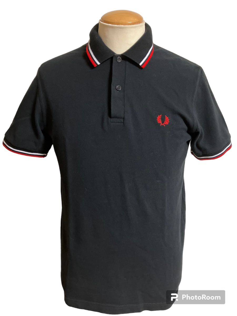 美品 英国製 FRED PERRY フレッドペリー ライン入 ポロシャツ 36 黒赤 イングランド メンズ xpv_画像1