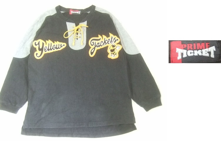 ●PRIME TICKET Yellow Jackets レースアップ 長袖カットソー/古着スポーツアメカジ黒色_画像1