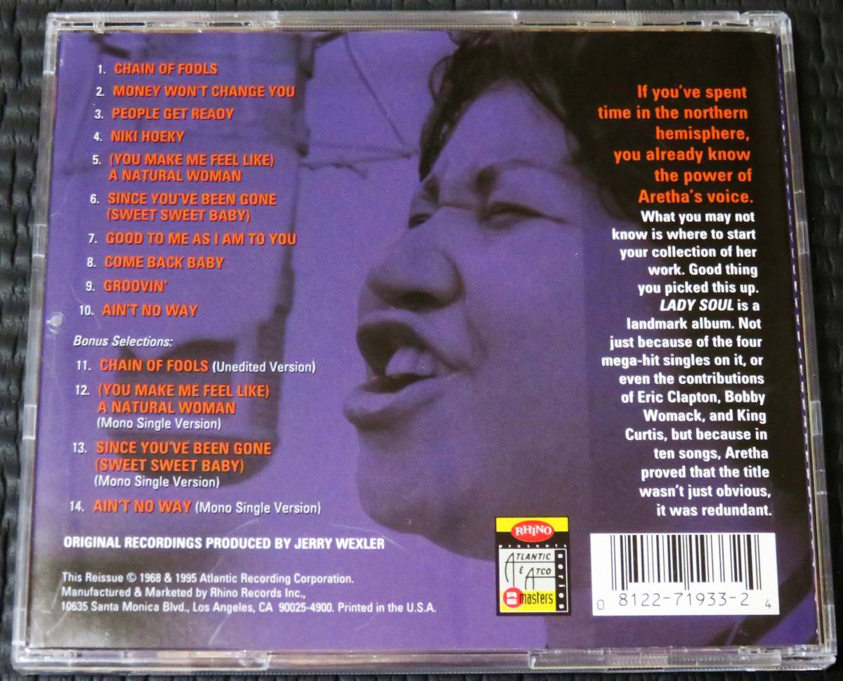 ◆Aretha Franklin◆ アレサ・フランクリン Lady Soul レディ・ソウル +ボーナストラック 4曲 輸入盤 CD ■2枚以上購入で送料無料の画像2