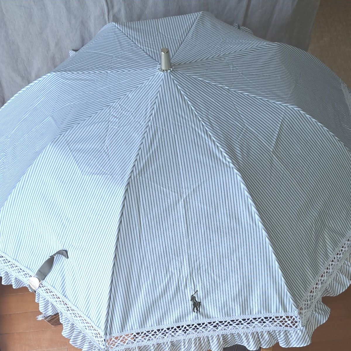 タグ付きPOLO RALPH LAUREN カーキストライプ 楽折り畳み傘 晴雨兼用 一級遮光遮熱UV防止 エンブフリル レース 