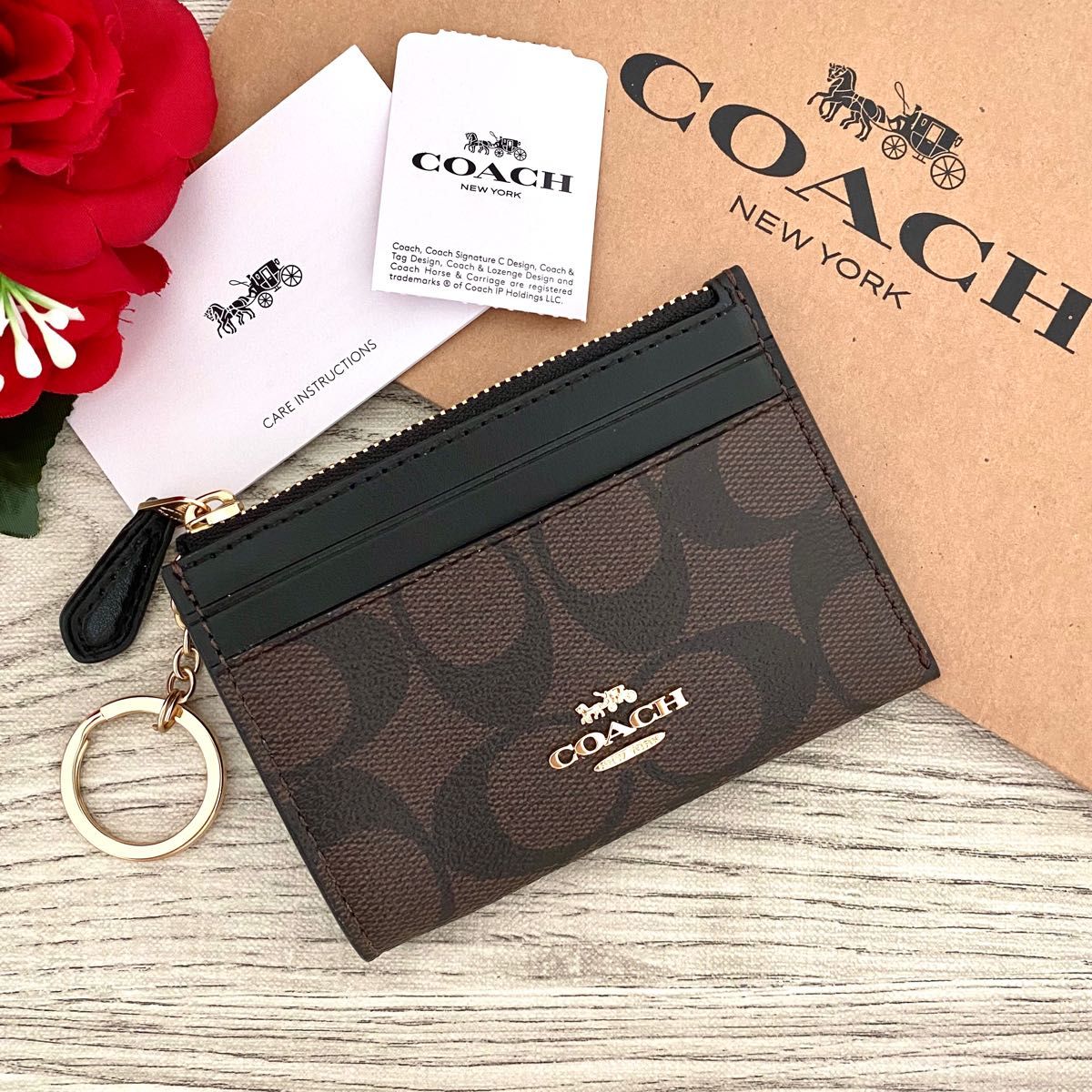 《新品》COACH コーチ ブラウン シグネチャー キーリング付き コインケース