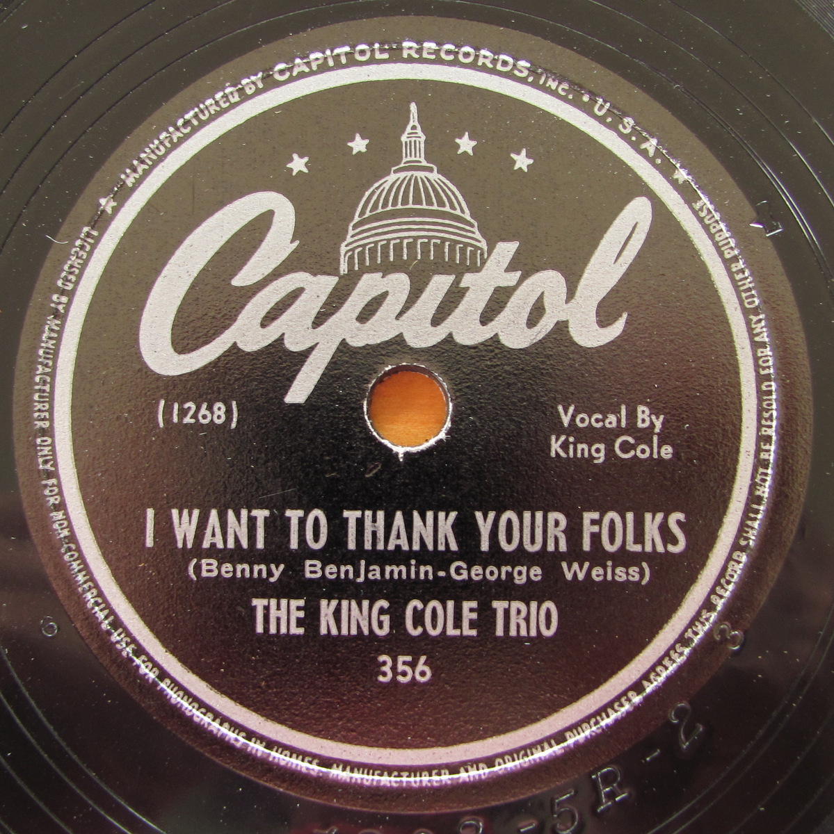 [ запись ]78rpm SP запись Capitol 356 Nat King Cole Trio You shouldhavetold me / I want to thank your folks