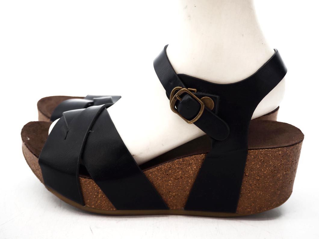  Rose Bud Cross strap Wedge sole sandals size38(24cm about )/ black #* * dha1 lady's 