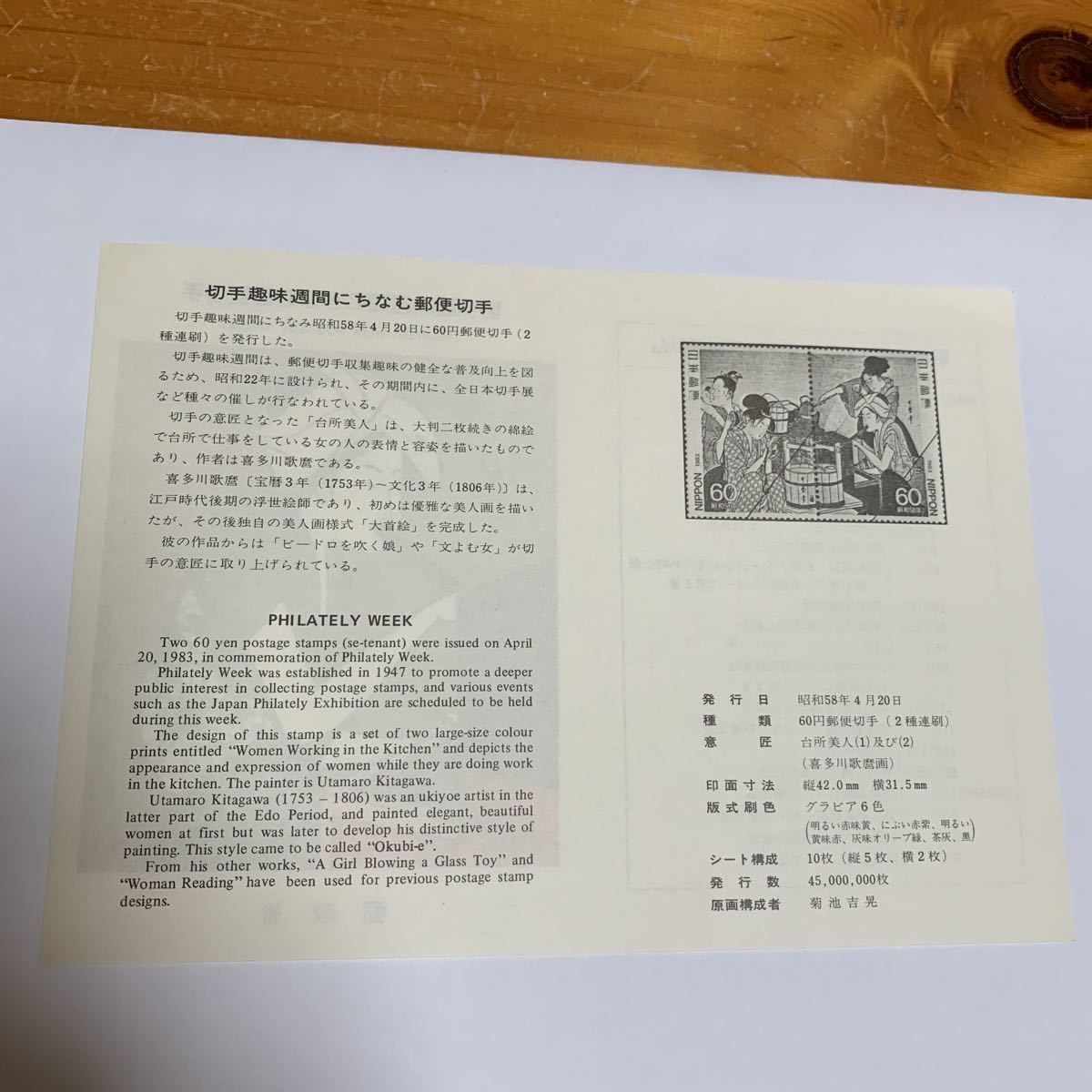 リーフレット 切手なし 1983年 郵政省 切手趣味週間にちなむ郵便切 昭和58年4月20日 台所美人 レア 希少 非売品 美品 送料無料_画像2