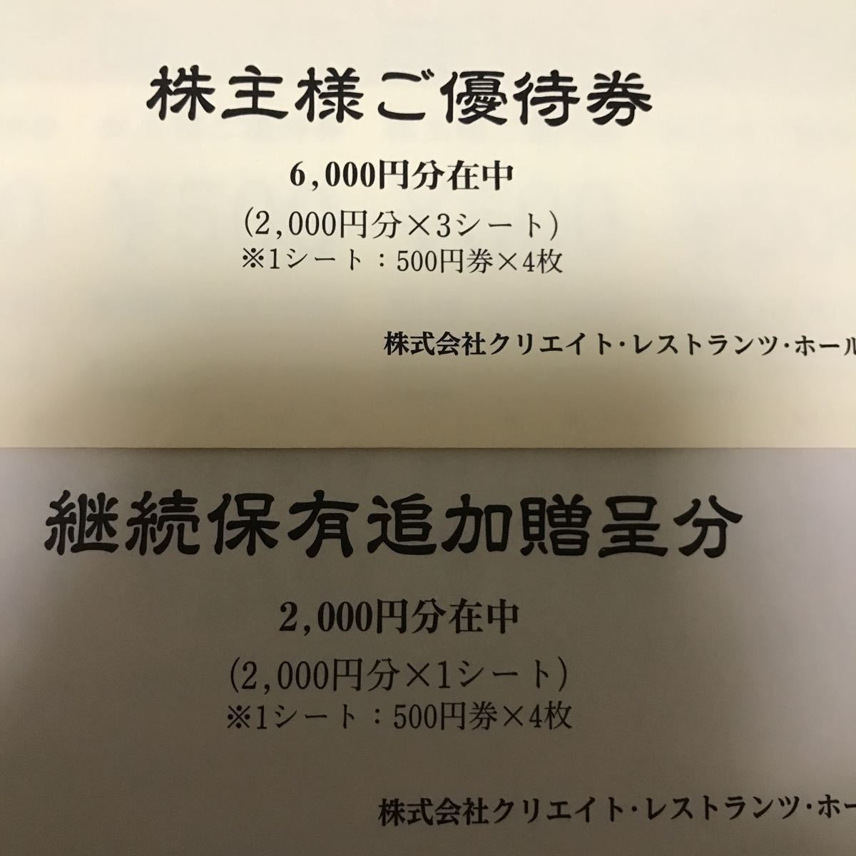 クリックポスト込 クリエイト・レストランツ 株主優待券 8000円分 2023
