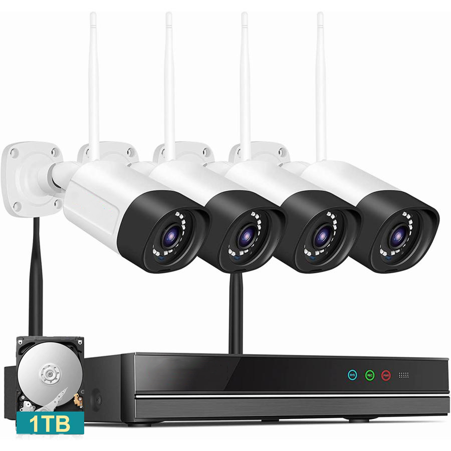 防犯カメラ ワイヤレス 監視カメラ 家庭用 業務用屋内 屋外 wifi カメラセット 4台 一体型NVR 1TB HDD 遠隔監視 双方向音声