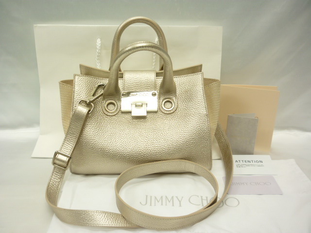 美品 レア JIMMY CHOO ジミーチュウ バッグ ショルダー ハンド 2WAY ライリー S シャンパンゴールド？メタリック　a